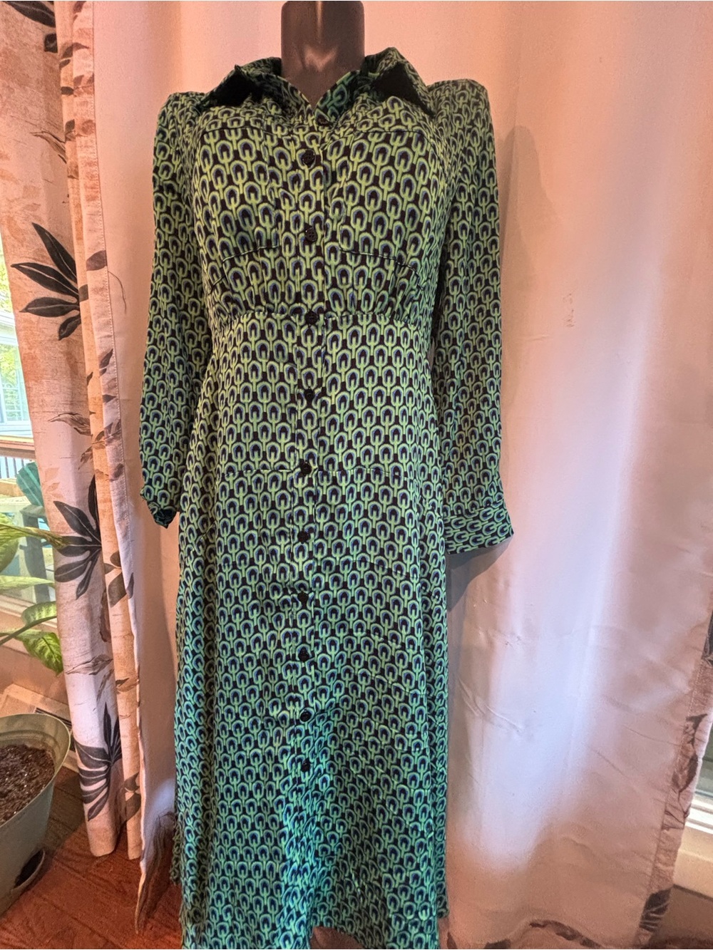 bohme Green and Black Geometric Long-Sleeve Maxi Dress